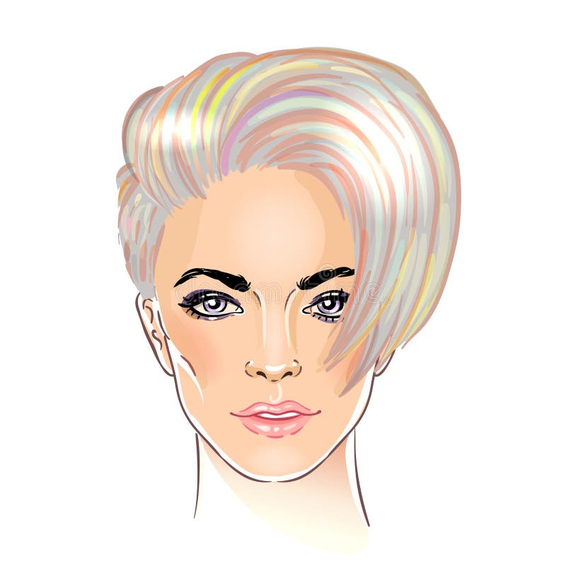 Portrait of a young pretty woman with short pixie cut. Purple ha stock illustration Portrait of a young pretty woman with short pixie cut. Purple ha stock illustration