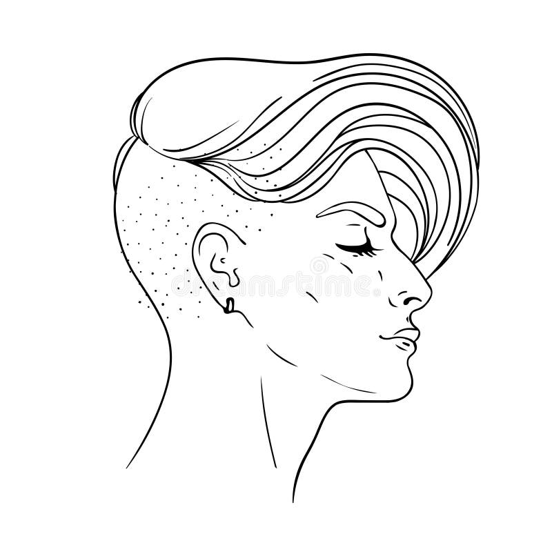 Portrait of a young pretty woman with side shaved hair. Vector illustration isolated. Hand drawn art of a boyish looking