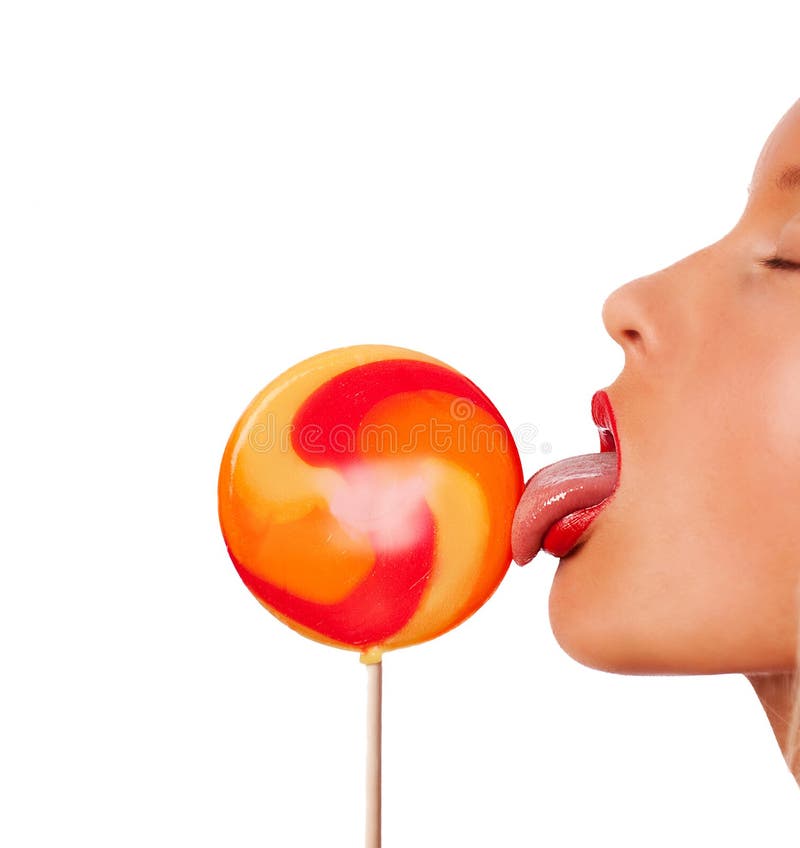 Portrait of young woman lick lollipop