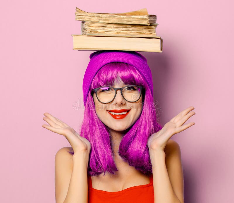 Girl With Purple Hair And Books Stock Photo - Image of school, style