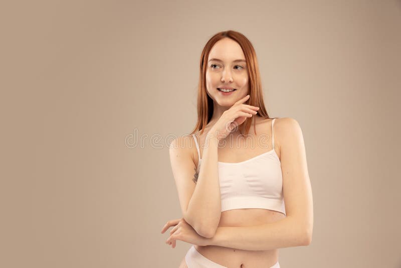 Portrait of Young Tender Girl Posing in White Underwear Isolated Over Grey  Studio Background. Self-care Stock Image - Image of fitness, fashion:  248294025
