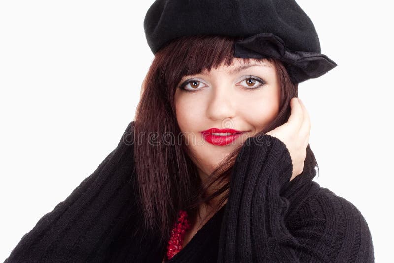 Portrait of a Young Woman in Black Cap royalty free stock photography