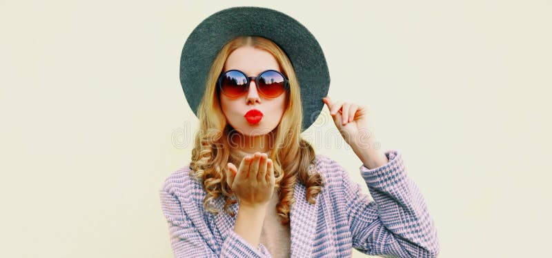 Portrait of Young Woman Blowing Red Lips Sending Sweet Air Kiss Stock ...