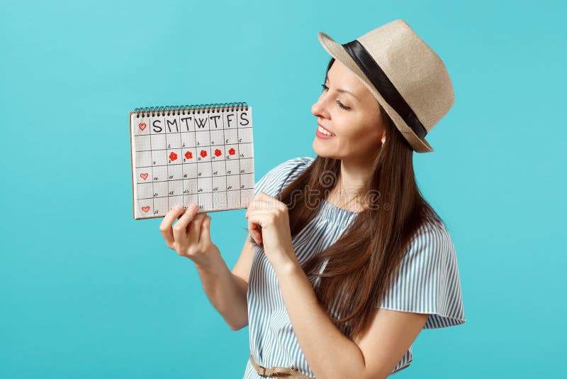 Portrait Of Young Woman In Blue Dress Hat Holding Female Periods