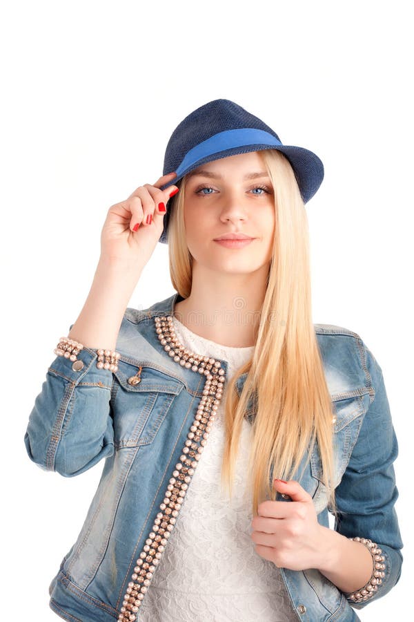 Portrait of Young Woman in Blue Hat Stock Image Image of young