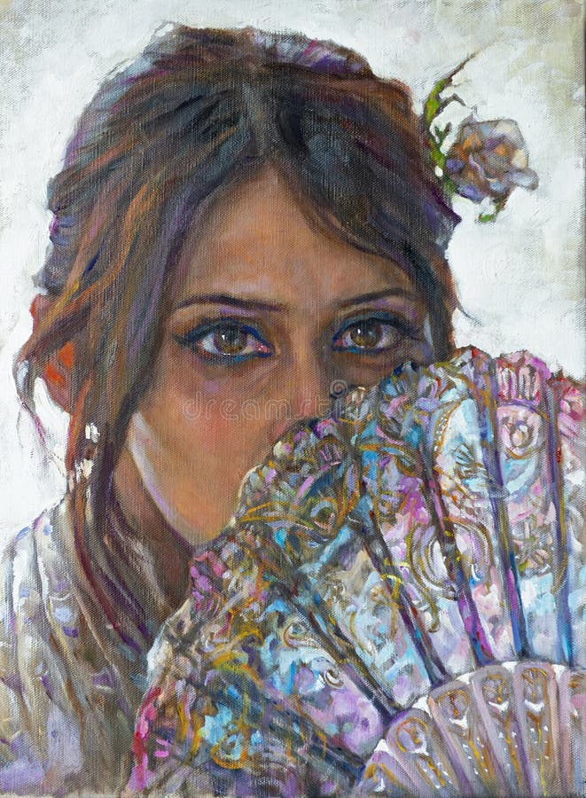 Portrait of a young woman and face covered by fan