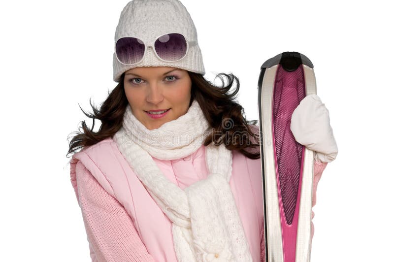 Portrait of young woman with pink ski