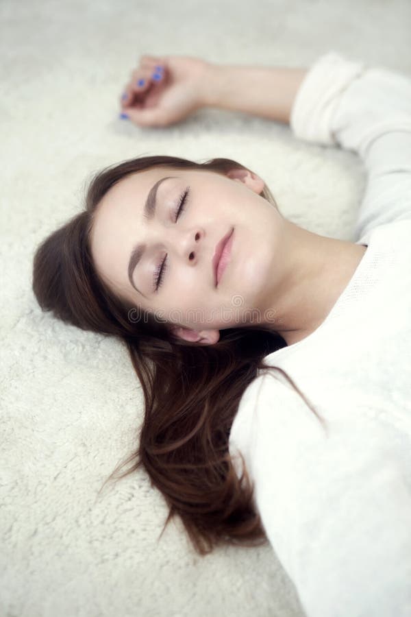 Portrait of Young Woman Sleeping on Carpet Stock Photo Image of