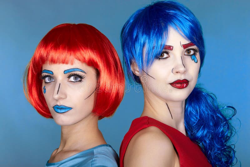 Portrait of young women in comic pop art make-up style. Females