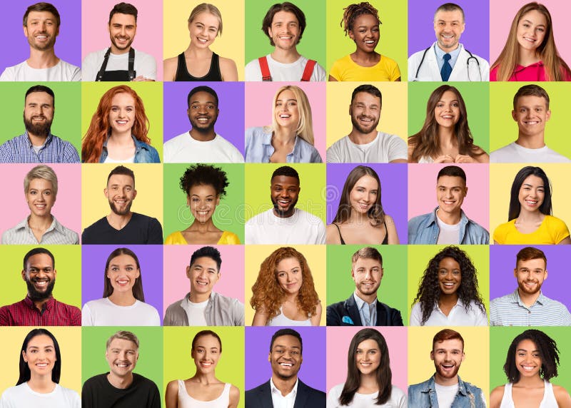 Portraits de jeunes gens divers et multiraciaux souriant au-dessus de milieux colorés photo libre de droits