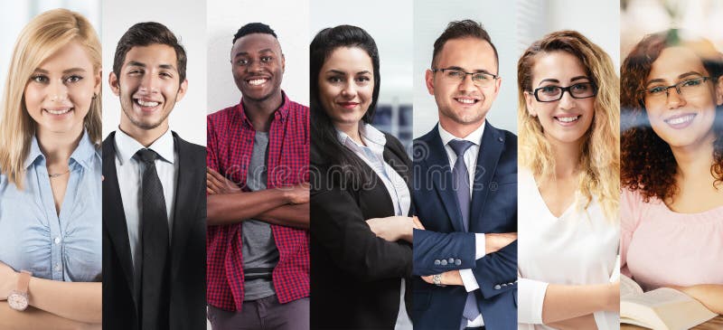 Portraits of an ethnically diverse of young people group of focused business professionals. Collage and teamwork concept royalty free stock photos