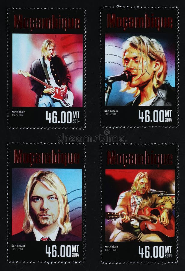 Portraits of Kurt Cobain on a series of four stamps