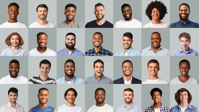 Portraits von freundlichen multiethnischen Männern mit Kindern unterschiedlichen Alters eingestellt stockfotografie
