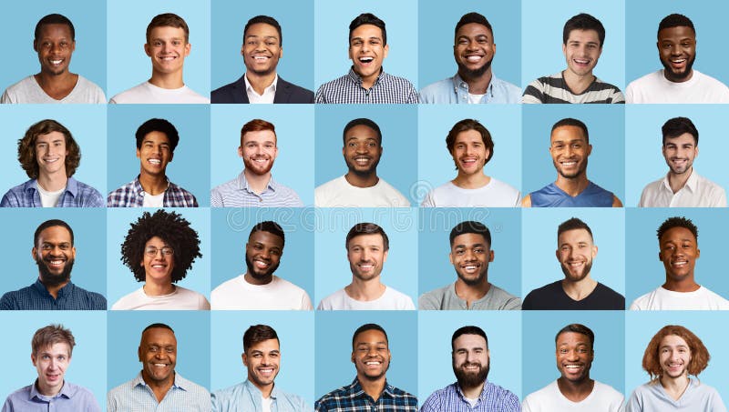 Portraits von glücklichen gemischtrassigen Männern in Blau stockfotos