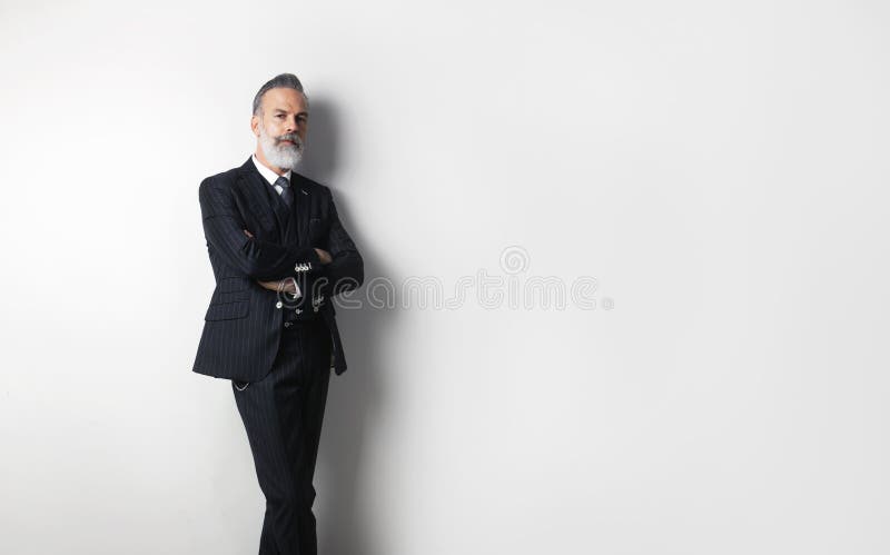 Portret brodaty ufny dżentelmen jest ubranym modnego kostium stoi nad pustym białym tłem Odbitkowa pasta teksta przestrzeń obrazy stock Portret brodaty ufny dżentelmen jest ubranym modnego kostium stoi nad pustym białym tłem Odbitkowa pasta teksta przestrzeń obrazy stock