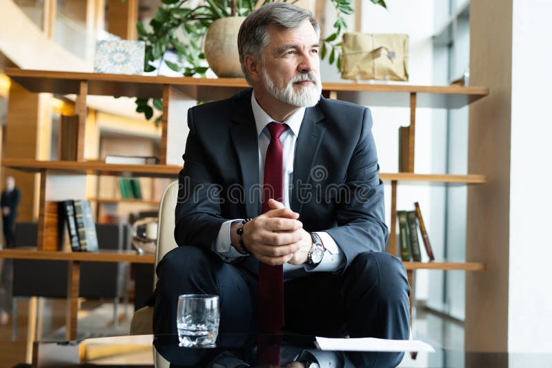 Portret de afaceri om de afaceri matur care stă în holul biroului. Bărbat care se relaxează în sala de ședințe royalty free stock image