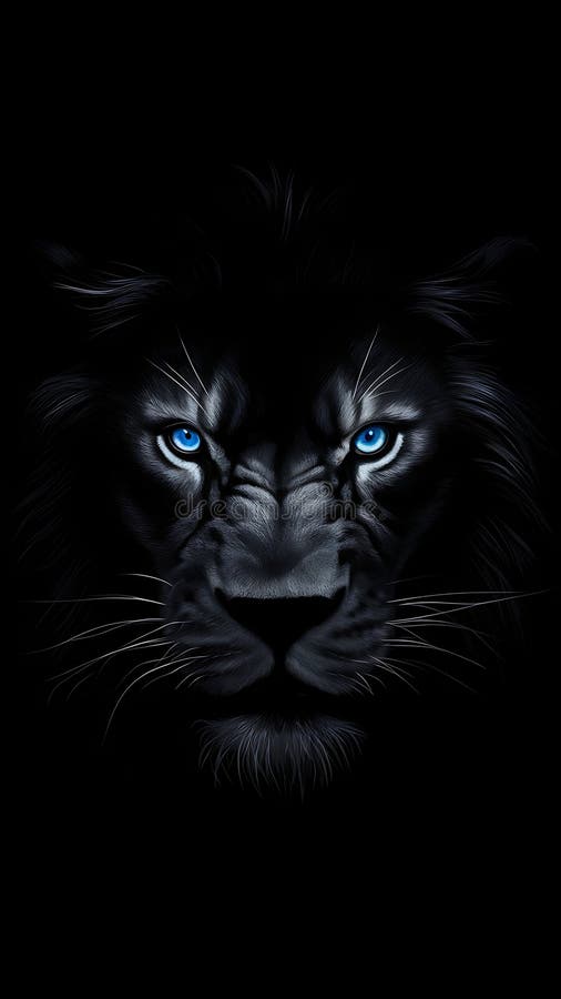 Portret maiestuos leu negru cu ochi albaștri pătrunzători pe fundal întunecat dramatic royalty free illustration
