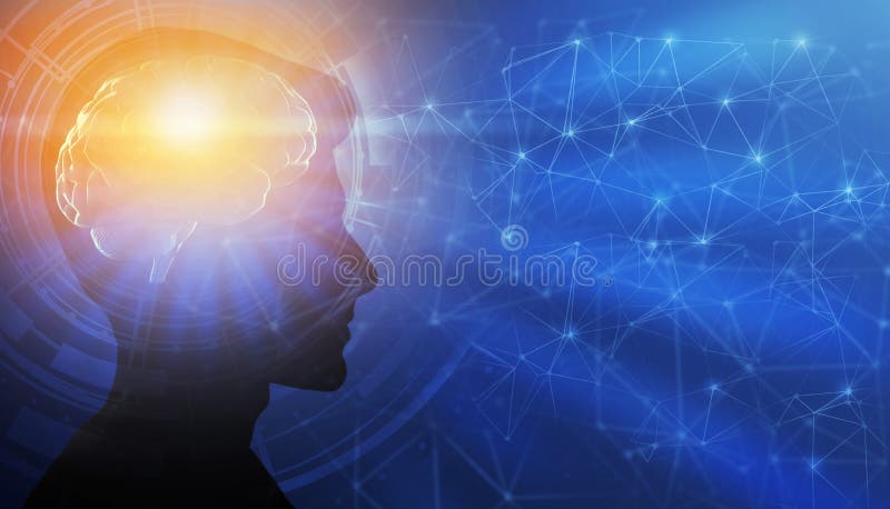 Portret mężczyzny z podświetlonym mózgiem z momentem oświecenia niebieskie tło