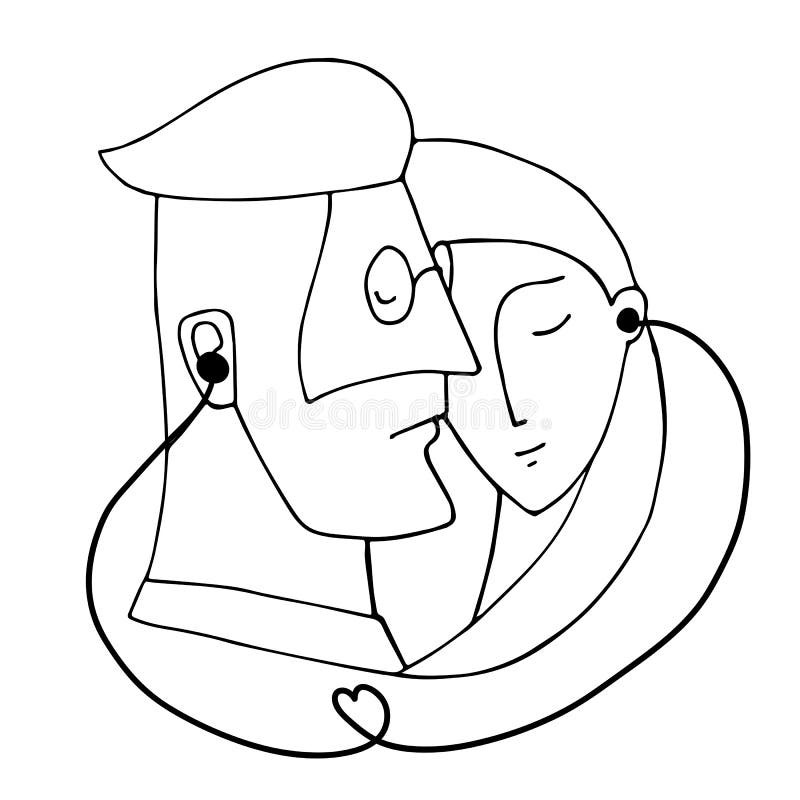 Portret para który słucha muzyka jeden parą hełmofony dla dwa ilustracja wektor Portret para który słucha muzyka jeden parą hełmofony dla dwa ilustracja wektor