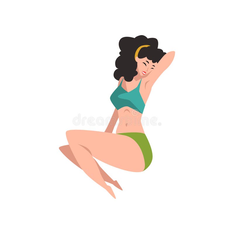Portret piękny szpilka model w lying on the beach pozyci Ładna młoda dziewczyna w retro swimwear z czarnym kędzierzawym włosy uśm ilustracja wektor Portret piękny szpilka model w lying on the beach pozyci Ładna młoda dziewczyna w retro swimwear z czarnym kędzierzawym włosy uśm ilustracja wektor
