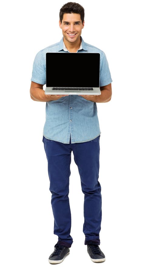Portret Promuje laptop Ufny mężczyzna fotografia stock Portret Promuje laptop Ufny mężczyzna fotografia stock