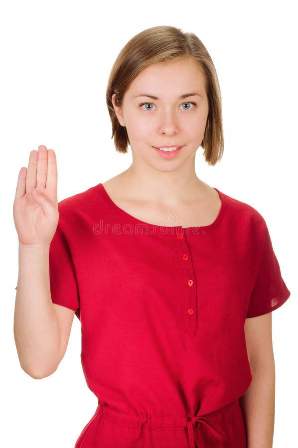 Portret szczęśliwa uśmiechnięta kobieta pokazuje cztery palca zdjęcia stock Portret szczęśliwa uśmiechnięta kobieta pokazuje cztery palca zdjęcia stock