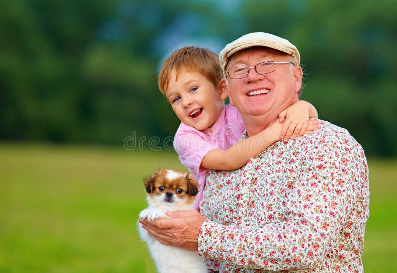 Portret szczęśliwy dziadunio, wnuk i szczeniak, obraz stock Portret szczęśliwy dziadunio, wnuk i szczeniak, obraz stock