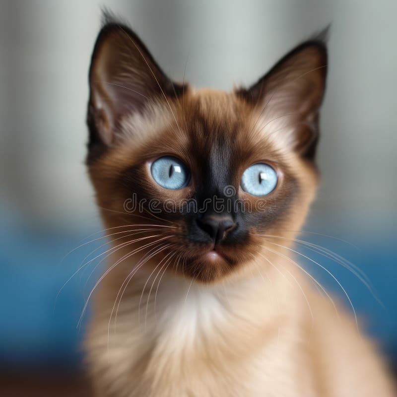 Portret słodkiej czekolady siamese kitten patrzącego w przyszłość. zamknij twarz uroczego, brązowego, siamese kitty w domu. portre ilustracja wektor