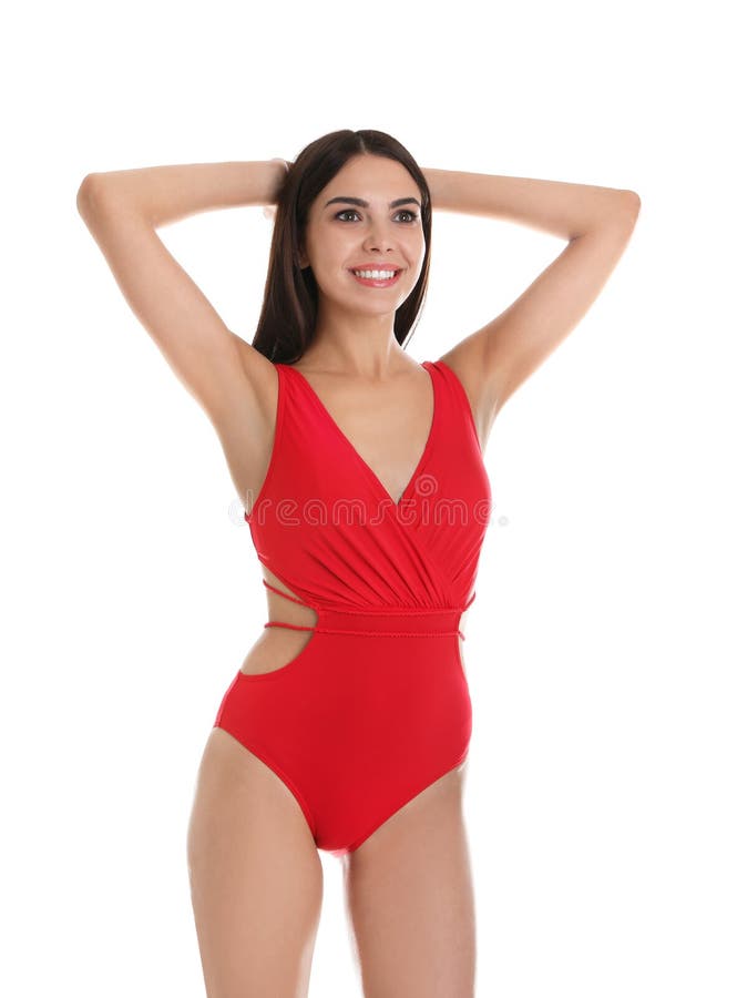 Portret van aantrekkelijke jonge vrouw met slank lichaam in swimwear op wit stock afbeeldingen Portret van aantrekkelijke jonge vrouw met slank lichaam in swimwear op wit stock afbeeldingen