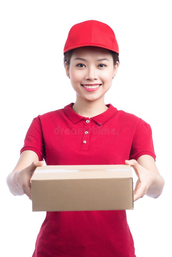 Portrait of delivery woman service happily delivering package to costumer. Portrait of delivery woman service happily delivering package to costumer