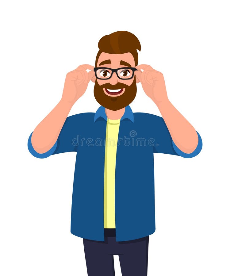 Portret van de jonge gebaarde mens die of de oogglazen met handen houden aanpassen In persoon die bril dragen Mannelijk karakter royalty-vrije illustratie Portret van de jonge gebaarde mens die of de oogglazen met handen houden aanpassen In persoon die bril dragen Mannelijk karakter royalty-vrije illustratie