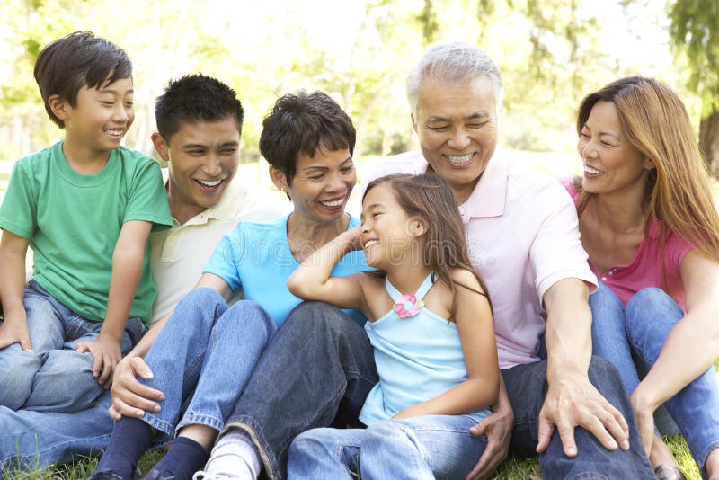 Portrait Of Extended Asian Family Group In Park Smiling. Portrait Of Extended Asian Family Group In Park Smiling