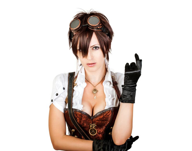 Portrait of a steampunk woman with big breast wearing vintage corset and retro goggles. Portrait of a steampunk woman with big breast wearing vintage corset and retro goggles