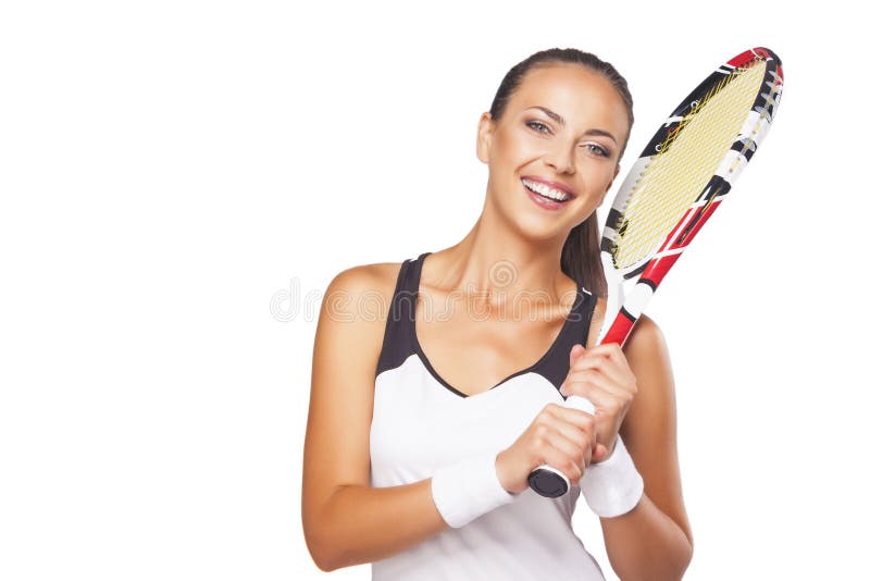 Portret van Gelukkige Glimlachende Vrouwelijke Tennisspeler met Beroeps royalty-vrije stock foto's Portret van Gelukkige Glimlachende Vrouwelijke Tennisspeler met Beroeps royalty-vrije stock foto's
