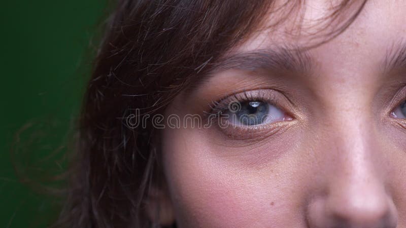 Portret van het close-up het halve gezicht van het jonge donkerbruine vrouwelijke student letten vastbesloten op in camera op gro