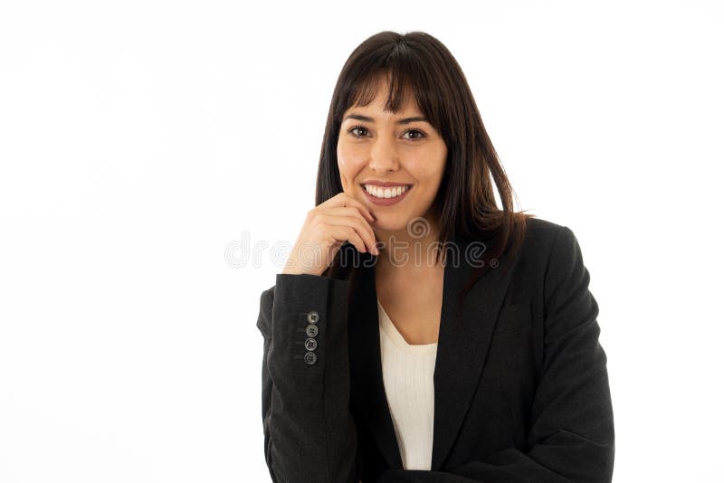 Portret van het jonge mooie en zekere bedrijfsvrouw glimlachen Ge?soleerdj op witte achtergrond royalty-vrije stock foto Portret van het jonge mooie en zekere bedrijfsvrouw glimlachen Ge?soleerdj op witte achtergrond royalty-vrije stock foto