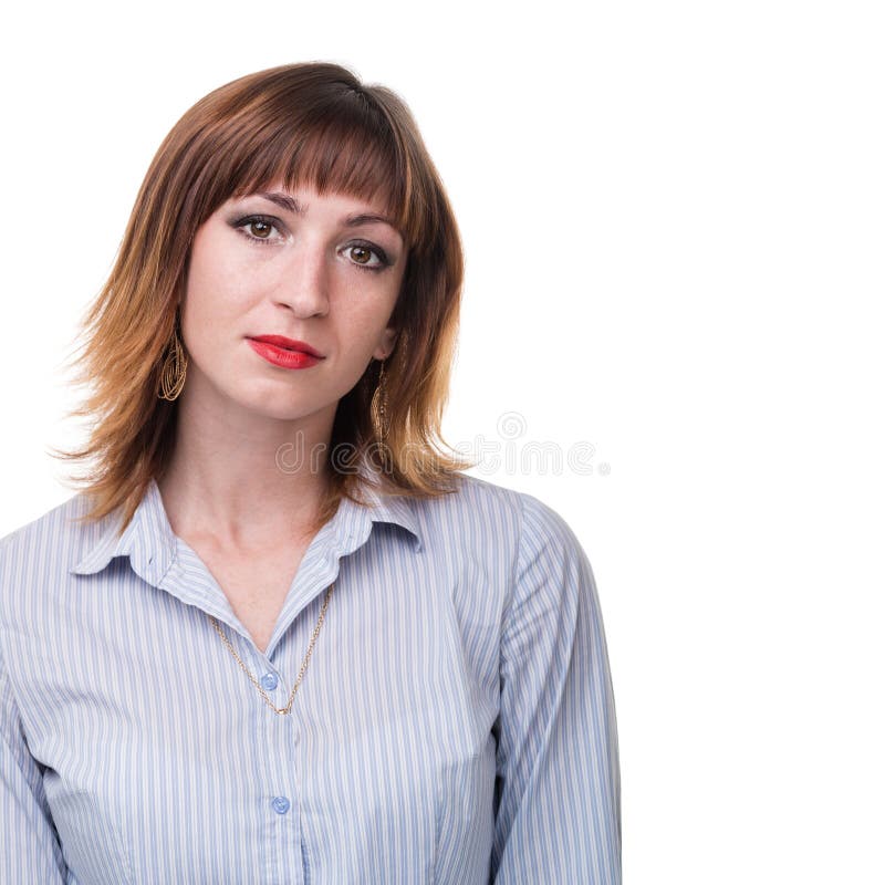 Portret van jonge bedrijfsdievrouw op wit wordt geïsoleerd stock afbeeldingen Portret van jonge bedrijfsdievrouw op wit wordt geïsoleerd stock afbeeldingen
