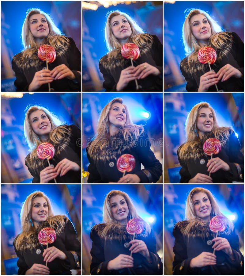 Portret van jonge vrouw met het lange eerlijke haar stellen openlucht in koude de winteravond Mooi blonde die een grote lolly hou royalty-vrije stock fotografie Portret van jonge vrouw met het lange eerlijke haar stellen openlucht in koude de winteravond Mooi blonde die een grote lolly hou royalty-vrije stock fotografie