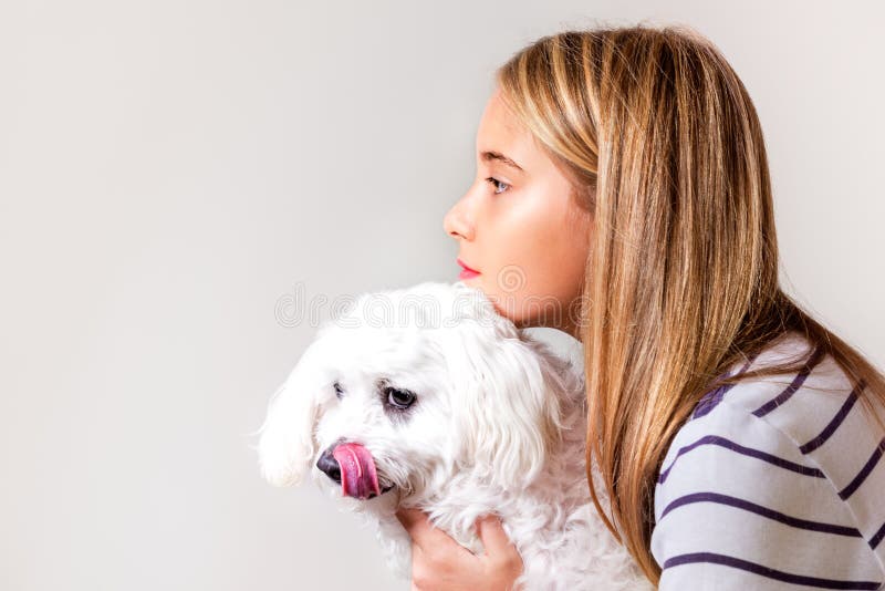 Portret van mooi meisje en Maltese hond in profiel stock foto's Portret van mooi meisje en Maltese hond in profiel stock foto's