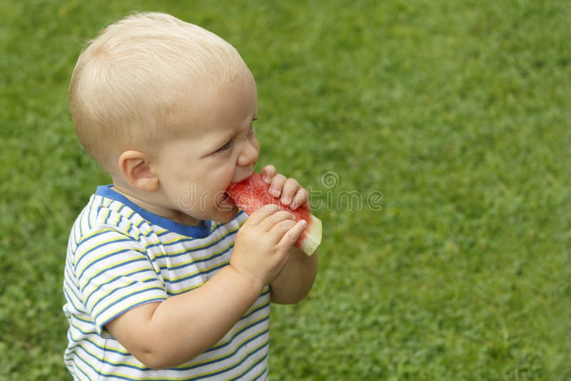 Portret van peuterkind in openlucht met watermeloen Landelijke scène met de jongen die van de twee éénjarigenbaby watermeloenplak stock foto Portret van peuterkind in openlucht met watermeloen Landelijke scène met de jongen die van de twee éénjarigenbaby watermeloenplak stock foto