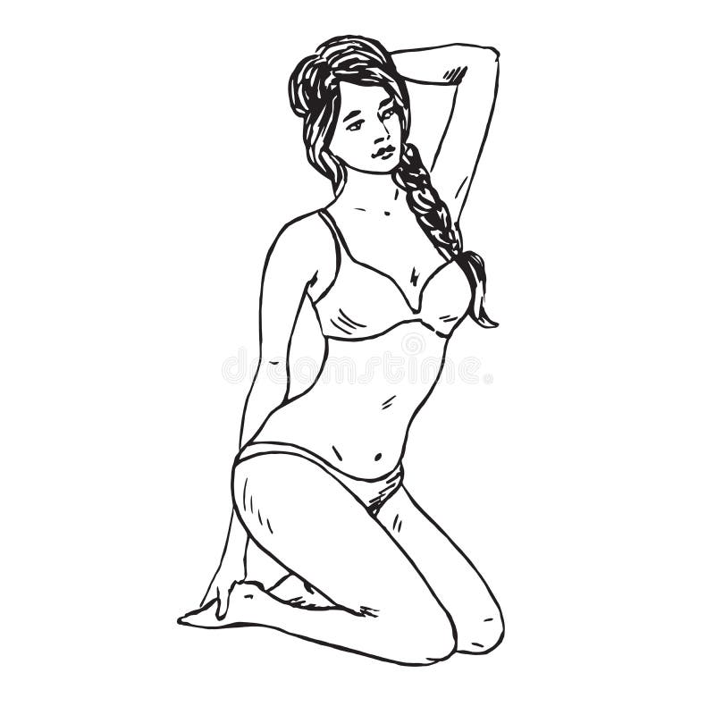 Portret van retro speld op meisje in bikinizitting, hand getrokken overzichtskrabbel, schets in pop-artstijl stock illustratie Portret van retro speld op meisje in bikinizitting, hand getrokken overzichtskrabbel, schets in pop-artstijl stock illustratie