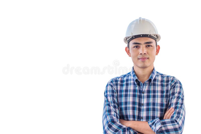 Portret van witte de veiligheidshelm van de ingenieursslijtage op ge?soleerde witte backgrouond royalty-vrije stock fotografie Portret van witte de veiligheidshelm van de ingenieursslijtage op ge?soleerde witte backgrouond royalty-vrije stock fotografie