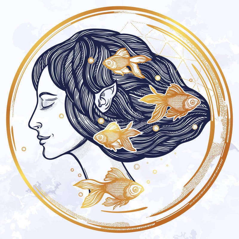 Portret of young fairy with gold fishes. Magic river nymph, mysterious character from mermaid tales. Isolated vector