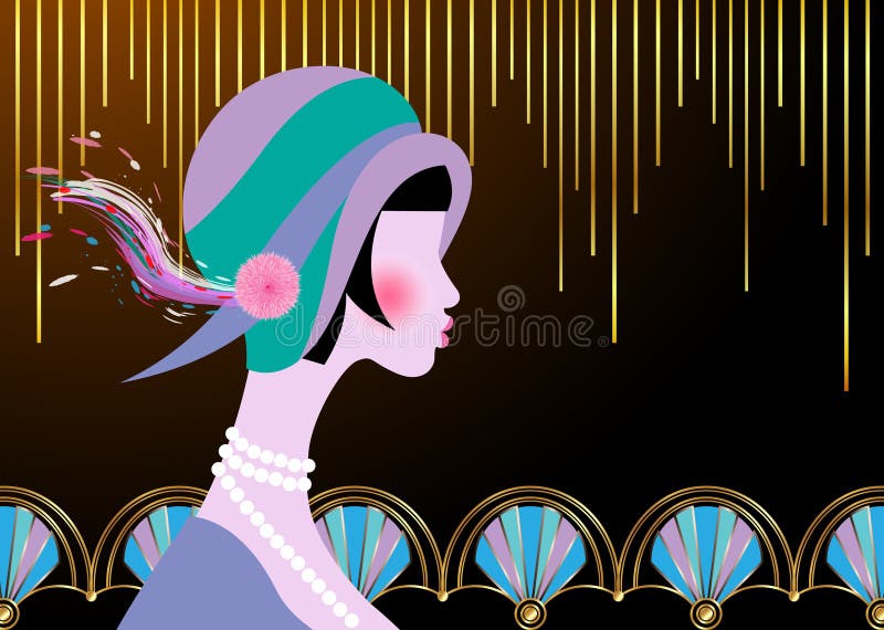 Portretul fetiței flapper cu asta. design pentru invitații în stil Art deco retro-party. izolat vector stock illustration