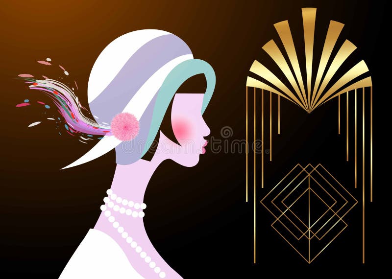 Portretul fetiței flapper cu asta. design pentru invitații în stil Art deco retro-party. izolat vector royalty free illustration