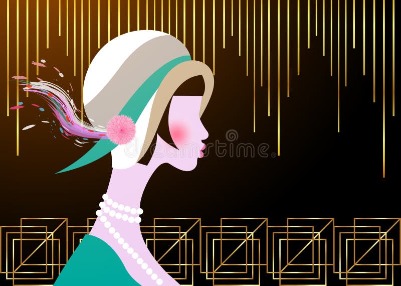 Portretul fetiței flapper cu asta. design pentru invitații în stil Art deco retro-party. izolat vector stock illustration