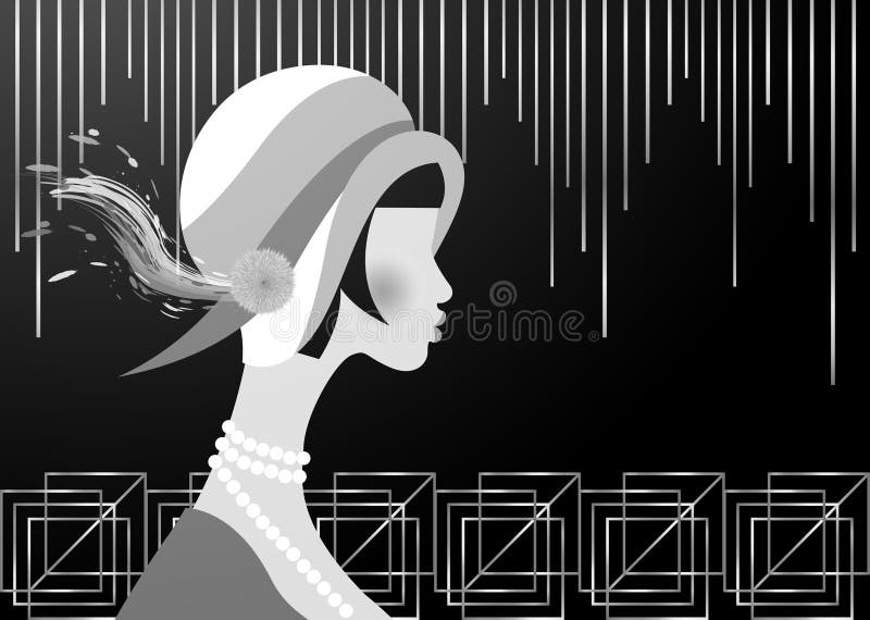 Portretul fetiței flapper cu asta. design pentru invitații în stil Art deco retro-party. izolat vector stock illustration