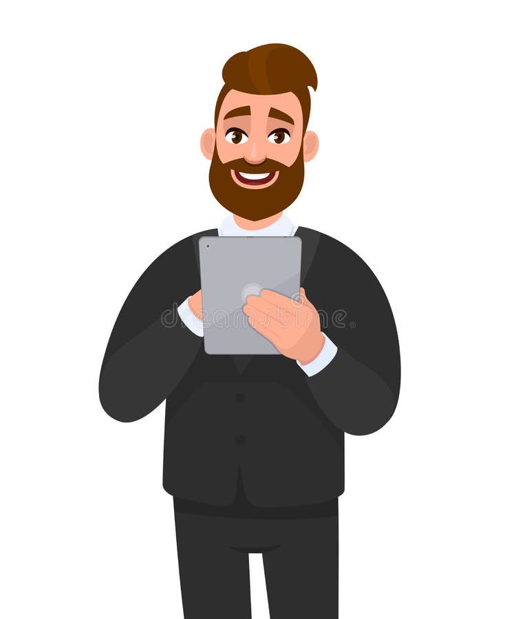 Portretul tinerei afaceri elegante care folosește un dispozitiv computerizat pentru tablete. persoană în tendințe care deține fila vector illustration