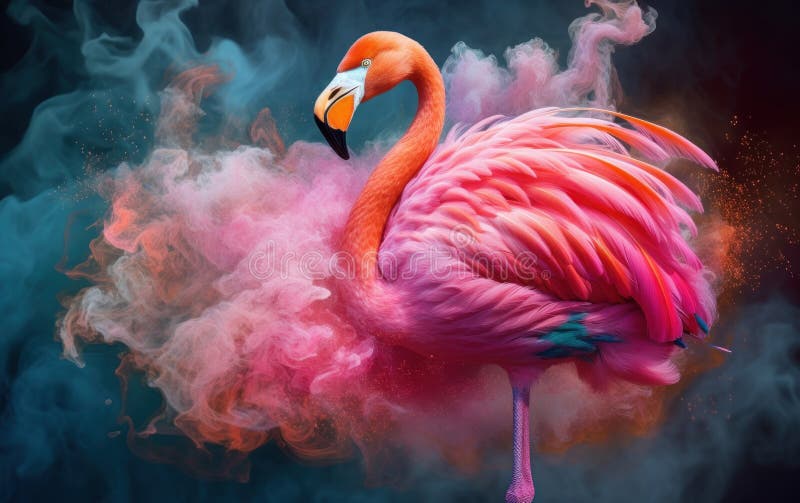 Portretul unui flamingo cu un nor de fum colorat. animal creativ abstract royalty free illustration