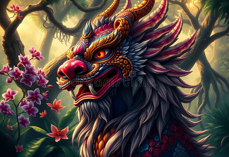 Portretul viu al leului mitic al junglei, cu flori colorate, detalii complexe vector illustration